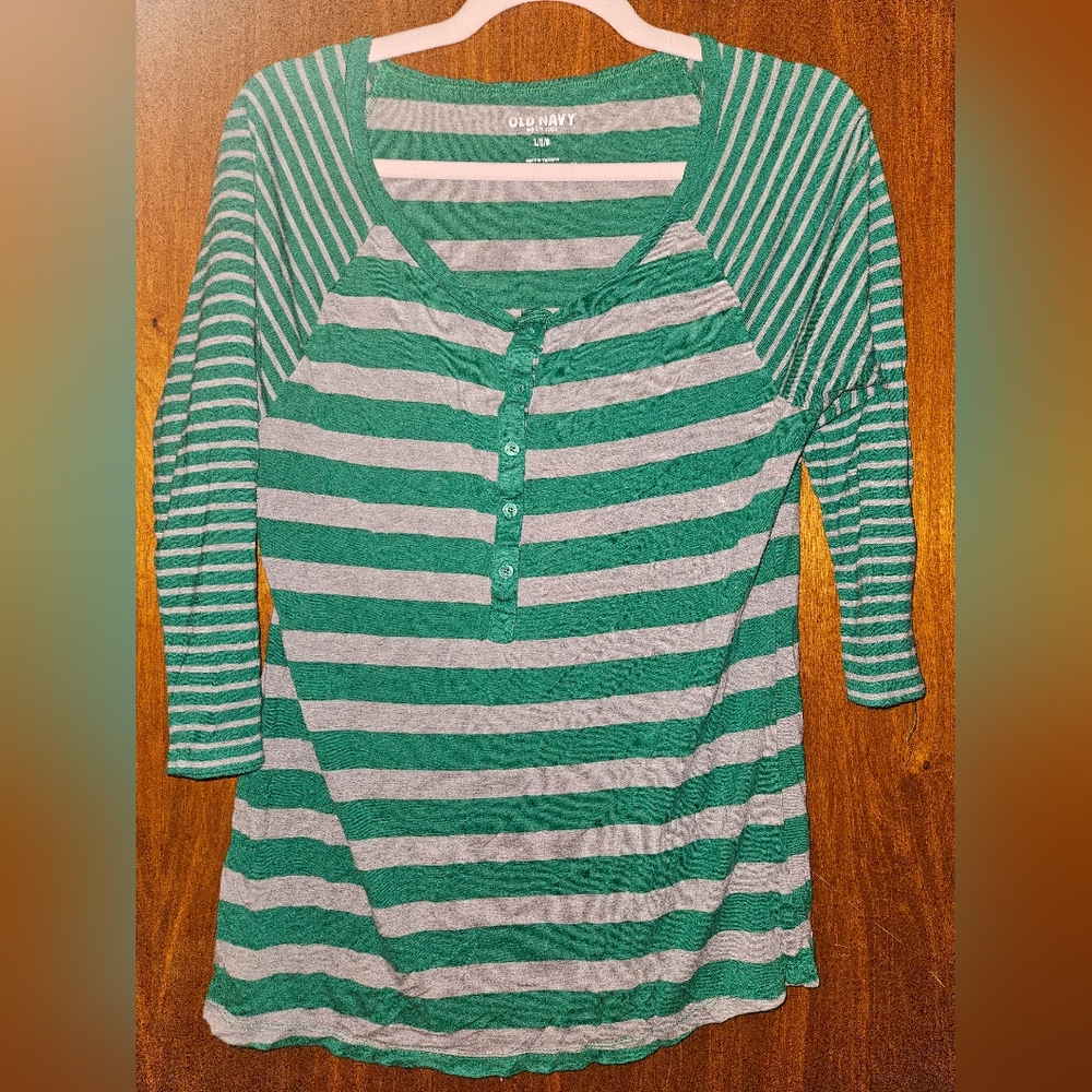 Old Navy Green & Gray Striped Long Sleeve Henley Top